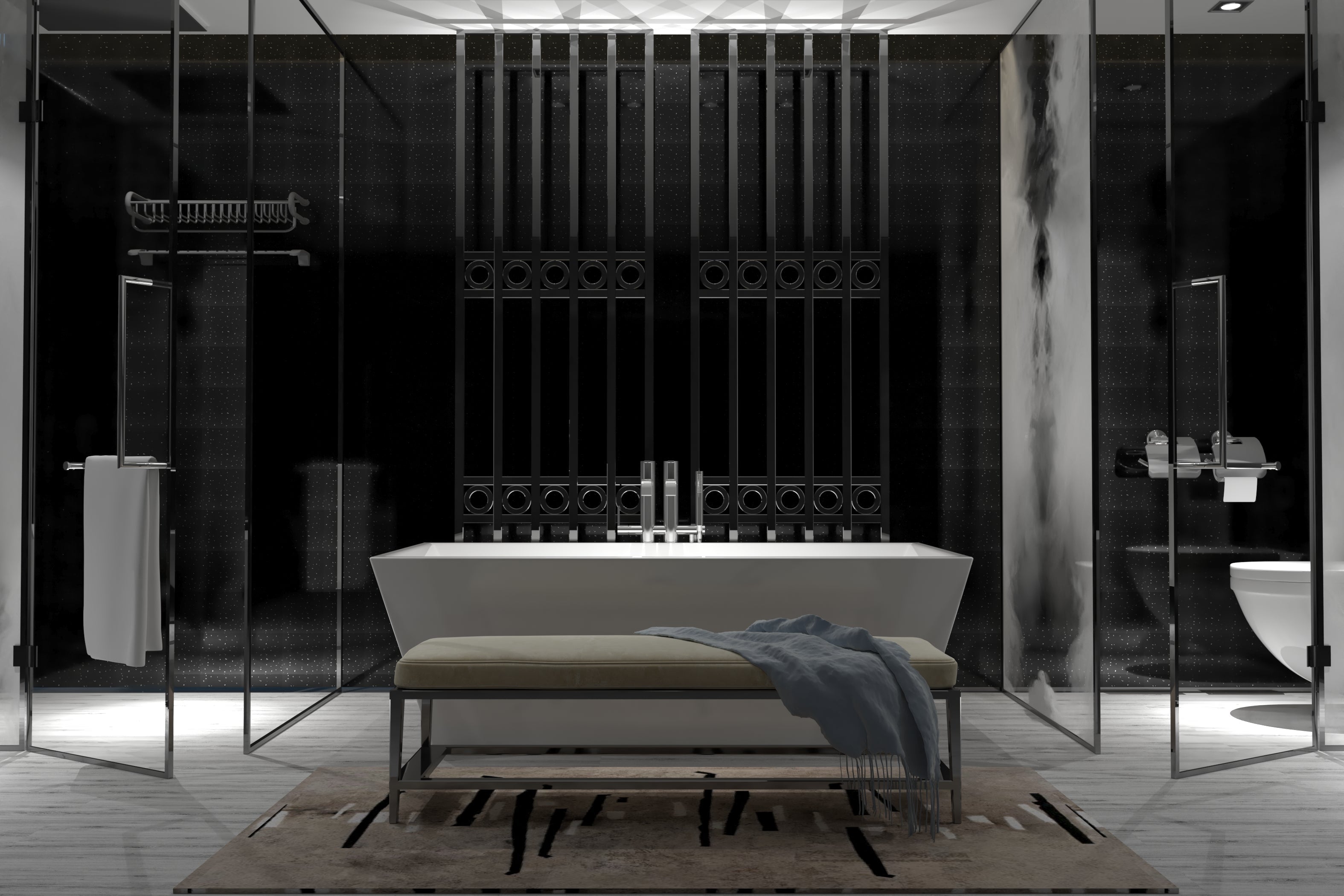 A glossy black Wall and Shower Panel with embedded sparkles that will create a beautiful ambience in any room.