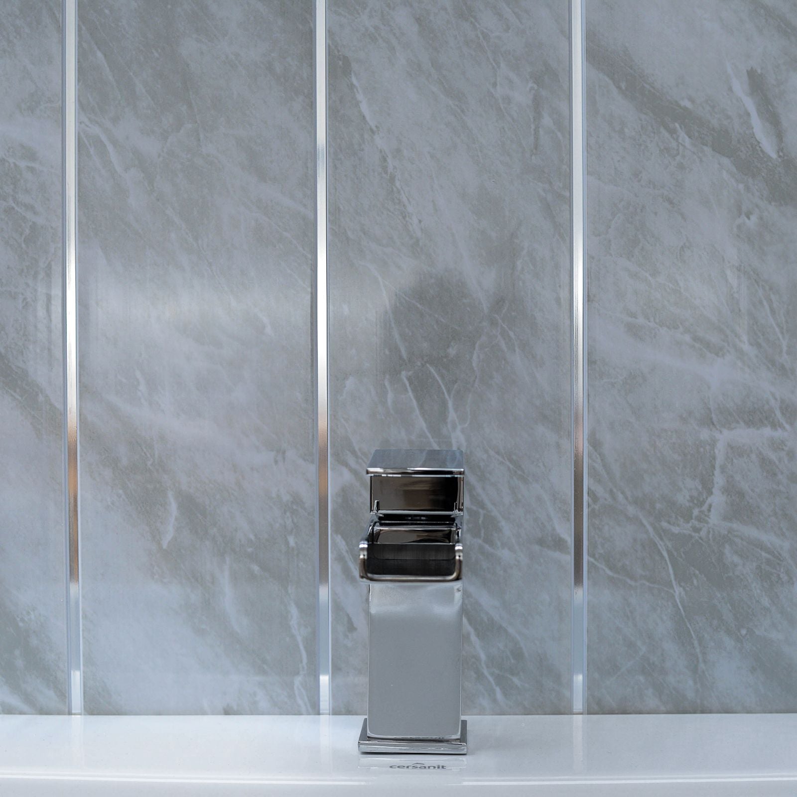 Grey Marble & Chrome 8mm Bathroom Wall Panels PVC Cladding