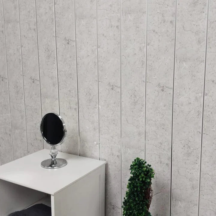 Sample of White Alabaster Marble & Chrome 5mm Bathroom Cladding Ceiling Panels