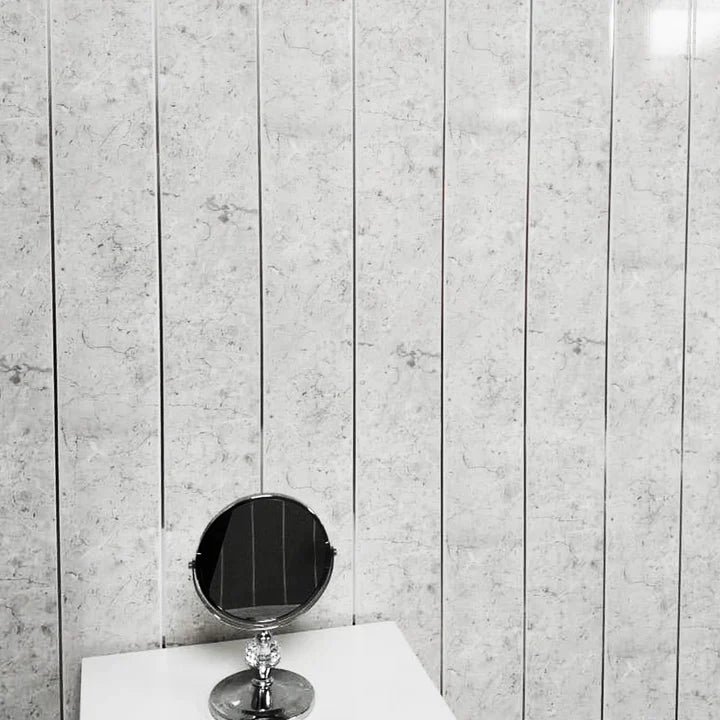 White Alabaster Marble & Chrome 5mm Bathroom Cladding Ceiling Panels
