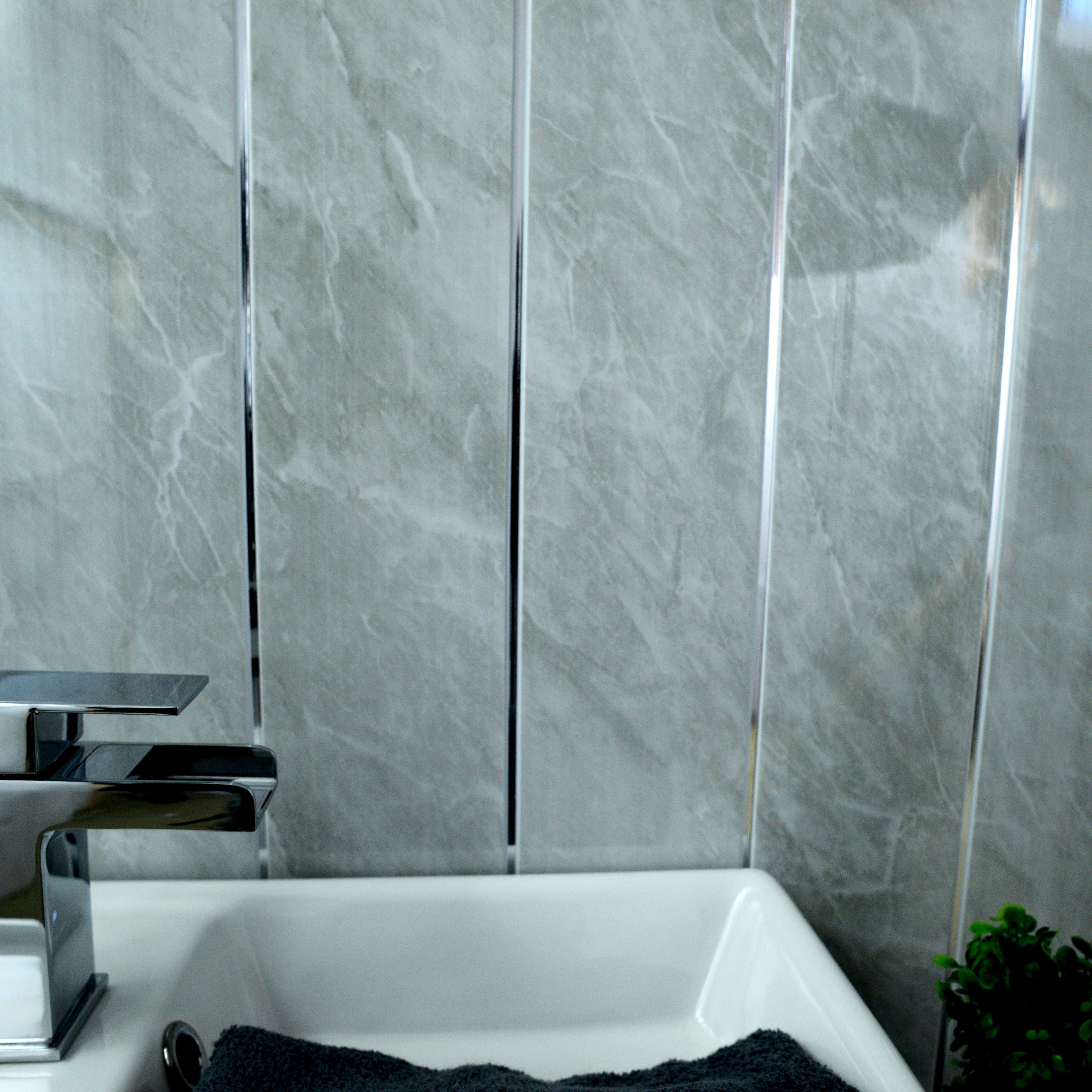 Grey Marble & Chrome 8mm Bathroom Wall Panels PVC Cladding