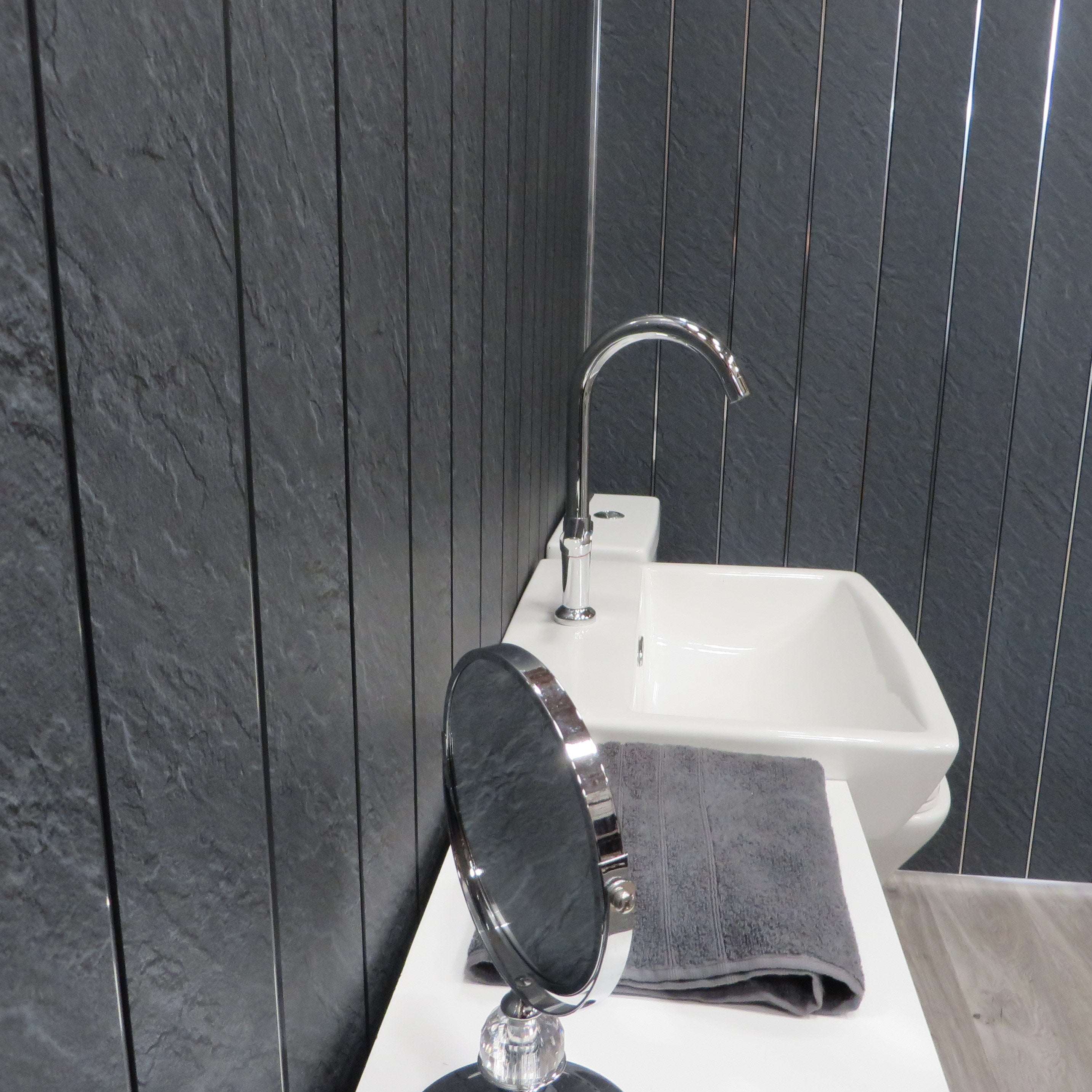 Sample of Hewn Slate & Chrome 5mm Bathroom Cladding PVC Wall Panels
