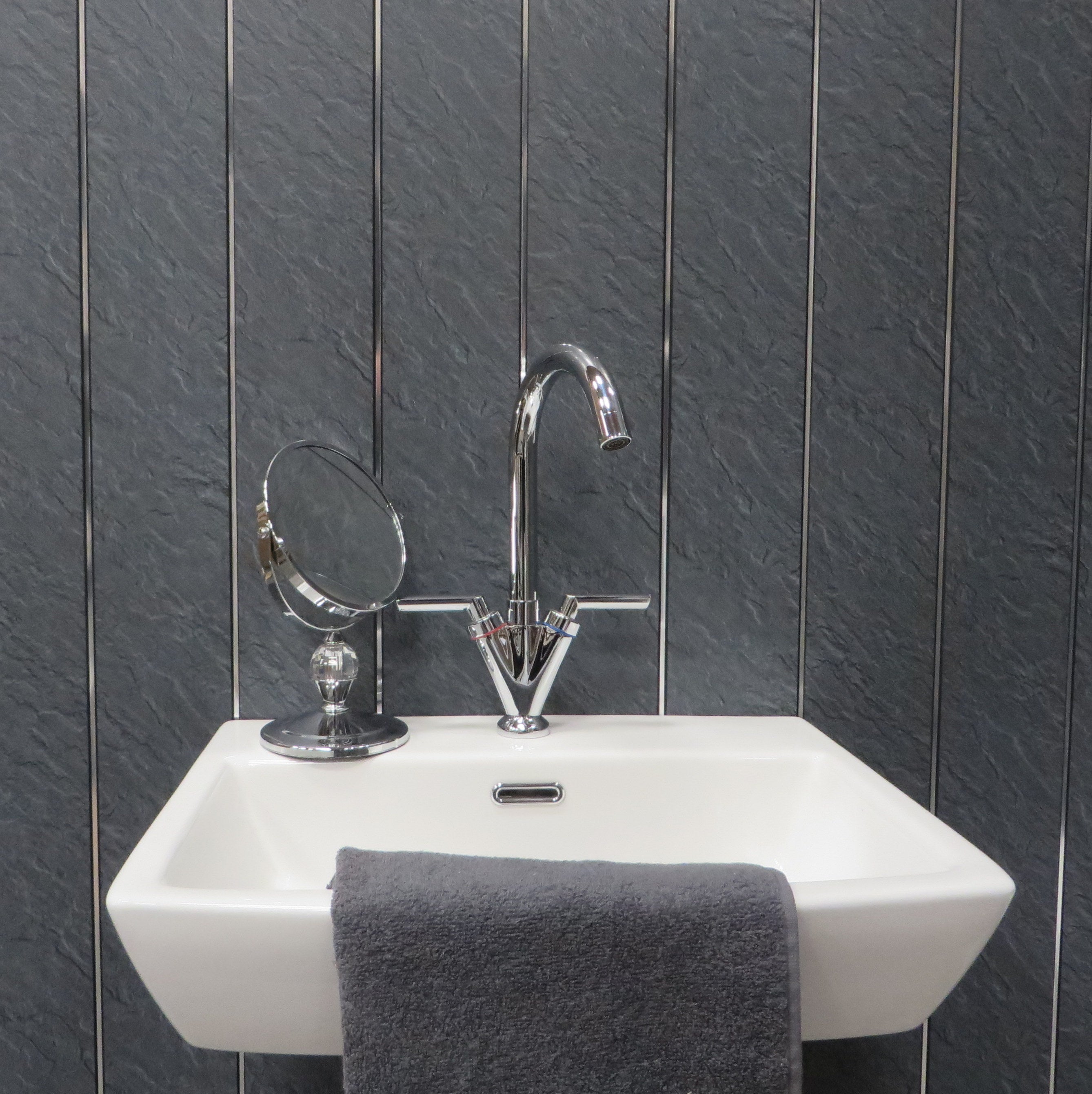Sample of Hewn Slate & Chrome 5mm Bathroom Cladding PVC Wall Panels