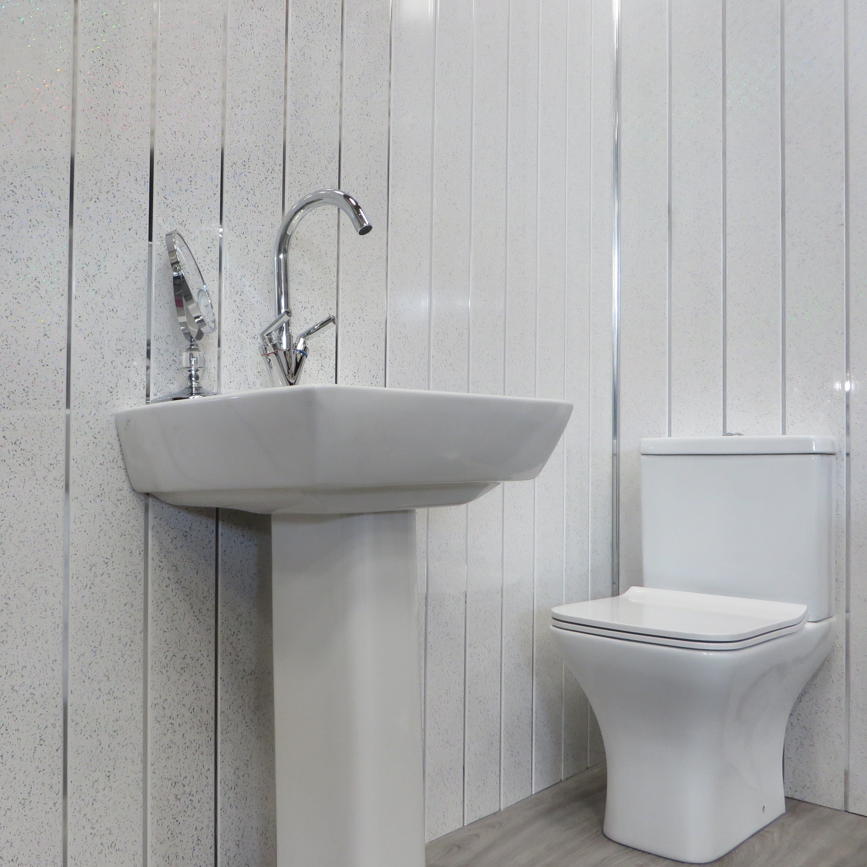 White Sparkle & Chrome 8mm Bathroom Cladding Wet Wall Panels
